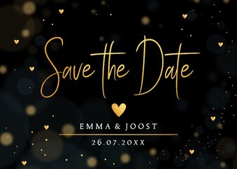 Save the Date kaart zwart goudlook hartjes