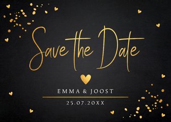 Save the Date kaart zwart goudlook hartjes