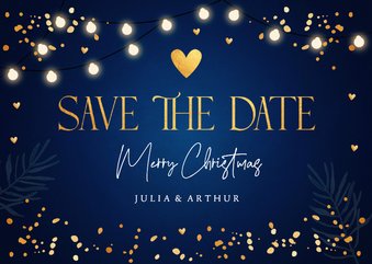 Save the Date kerstkaart blauw lampjes goudlook confetti