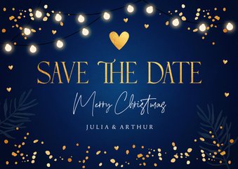 Save the Date kerstkaart blauw lampjes goudlook confetti