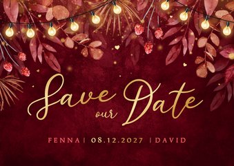 Save the date trouwkaart winter romantisch rood goud hartjes