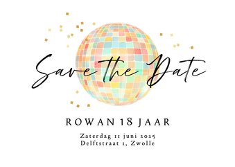 Save the date uitnodiging disco confetti verjaardag feestje