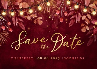 Save the date uitnodiging tuinfeest lampjes rood goud