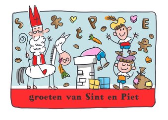 Sinterklaaskaart met sint en piet op het dak