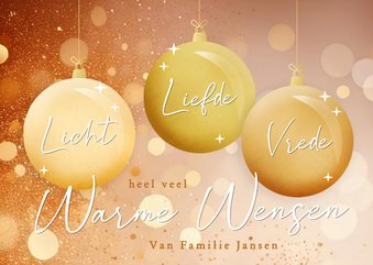 Sprankelende kerstkaart met kerstballen licht liefde vrede