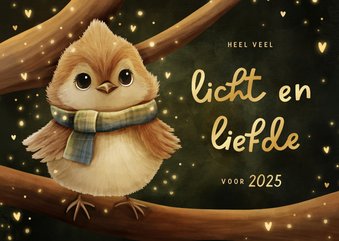 Sprankelende kerstkaart vogeltje licht en liefde voor 2025