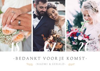 Stijlvol bedankkaartje voor jullie huwelijksdag met 3 foto's