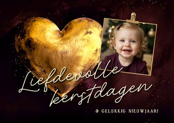 Stijlvol kerstkaartje met foto rood gouden hart liefdevol