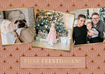 Stijlvolle art -deco roze kerstkaart met 3 eigen foto's