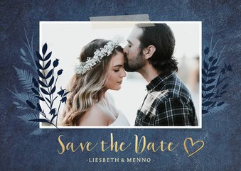 Stijlvolle  botanische Save the Date kaart met eigen foto