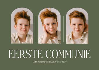 Stijlvolle fotocollage communiekaart olijfgroen