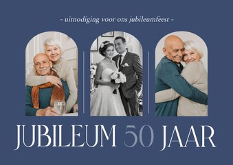 Stijlvolle fotocollage jubileumkaart donkerblauw