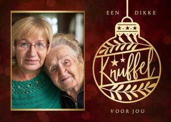 Stijlvolle goudlook kerstknuffel kerstbal kaart met foto