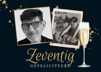 Stijlvolle kaart met foto's, champagneglas in goud en blauw