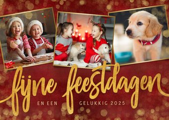 Stijlvolle rode fotocollage kerstkaart met 3 foto's en goud