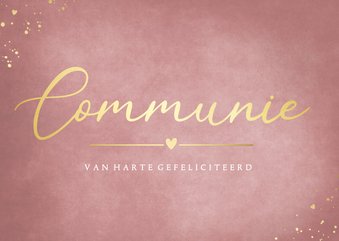 Stijlvolle roze met gouden felicitatiekaart communie meisje