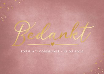 Stijlvolle roze met gouden kaart als bedankje bij communie