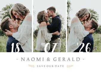 Stijlvolle Save the Date kaart met 3 foto's en trouwdatum