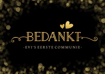 Stijlvolle zwarte communie bedankkaart met gouden accenten