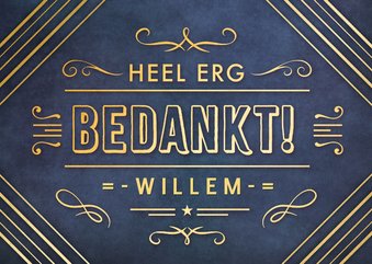 Stoere blauwe bedankt kaart met naam in art-deco stijl 