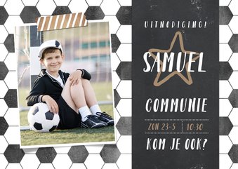 Stoere voetbal communie uitnodiging jongen met foto