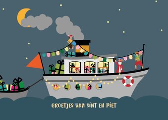 Stoomboot - Sint in de nacht - Sinterklaaskaart