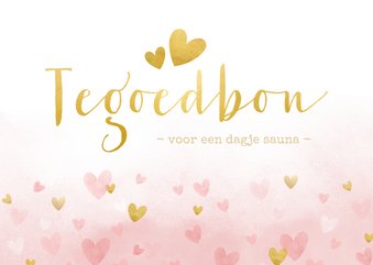 Tegoedbon met roze waterverf hartjes en goud