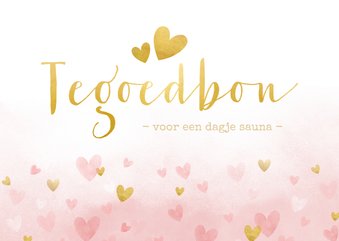 Tegoedbon voor Moederdag met roze waterverf hartjes en goud