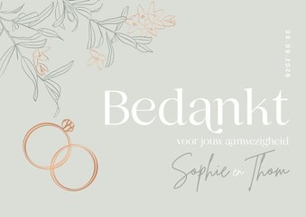 Trendy bedankkaart bruiloft groen olijftakjes koper