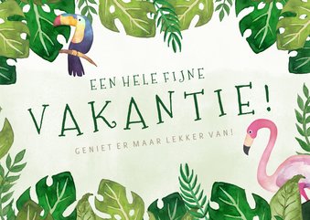 Tropische fijne vakantiekaart met bladeren en flamingo 