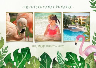 Tropische fotocollage vakantiekaart met bladeren en flamingo