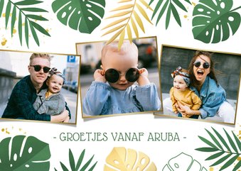 Tropische jungle vakantiekaart met Monstera bladeren en foto