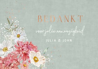 Trouwkaart bedankt dahliabloemen en herfstanemonen
