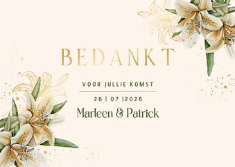 Trouwkaart bedankt witte lelie en echte goudfolie