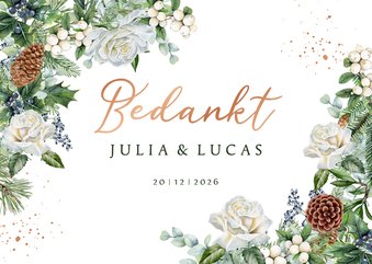 Trouwkaart bedankt witte rozen kerst