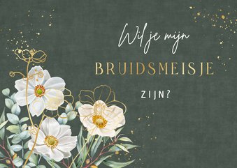 Trouwkaart bruidsmeisje herfstanemoontjes op groen fluweel.
