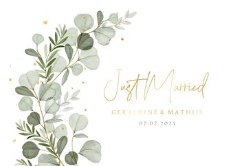 Trouwkaart just married eucalyptus hartjes goud stijlvol