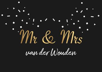 Trouwkaart mr & mrs goud zwart confetti