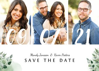 Trouwkaart save the date botanisch met datum en eigen foto's