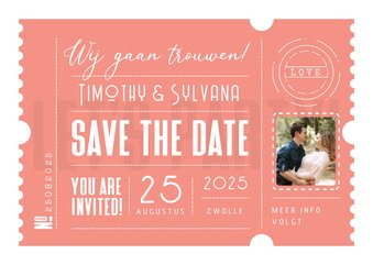 Trouwkaart save the date ticket hip modern foto zalmroze