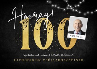 Uitnodiging 100 jaar goud foto slingers