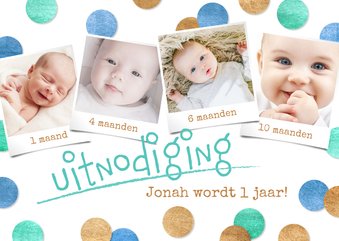 Uitnodiging 1e verjaardag confetti blauw & fotocollage