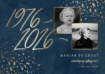 Uitnodiging 50 foto jaartallen donkerblauw met terrazzo