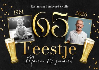 Uitnodiging 65 jaar man krijtbord bier confetti foto's goud