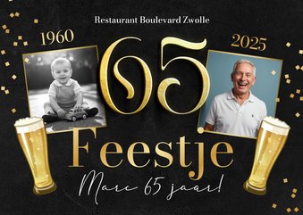 Uitnodiging 65 jaar man krijtbord bier confetti foto's goud