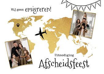 Uitnodiging afscheidsfeest wereld reis foto goud