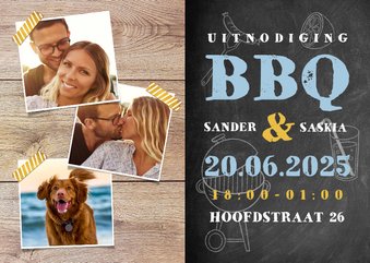 Uitnodiging BBQ met hout, krijtbord, illustraties en foto's