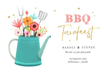 Uitnodiging BBQ tuinfeest bloemen zomer gieter hartjes