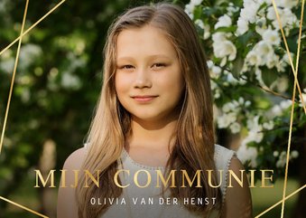 Uitnodiging communie met eigen foto en gouden lijnen