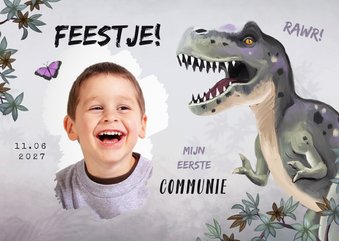 Uitnodiging communiefeest jongen t-rex dino jungle